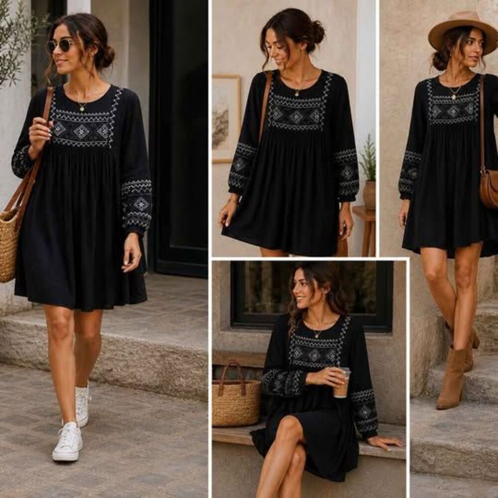 Moronero Embroidered Boho Dress Black Size M Flowy Casual Chic